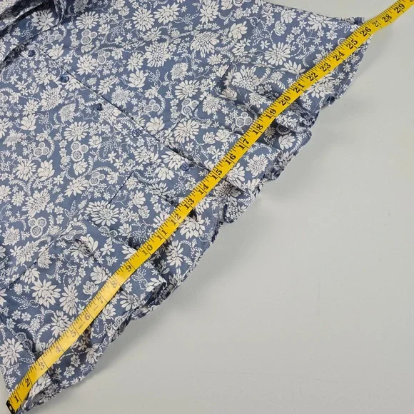 CHAPS Women's Floral Shirt Dress Button Front Ruffle Roll Tab Sleeve Blue Medium - Picture 13 of 14